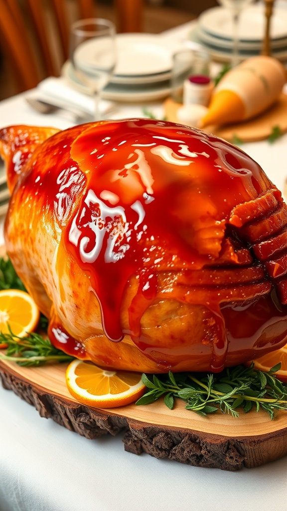 A golden honey glazed baked ham on a wooden platter, garnished with herbs and orange slices.